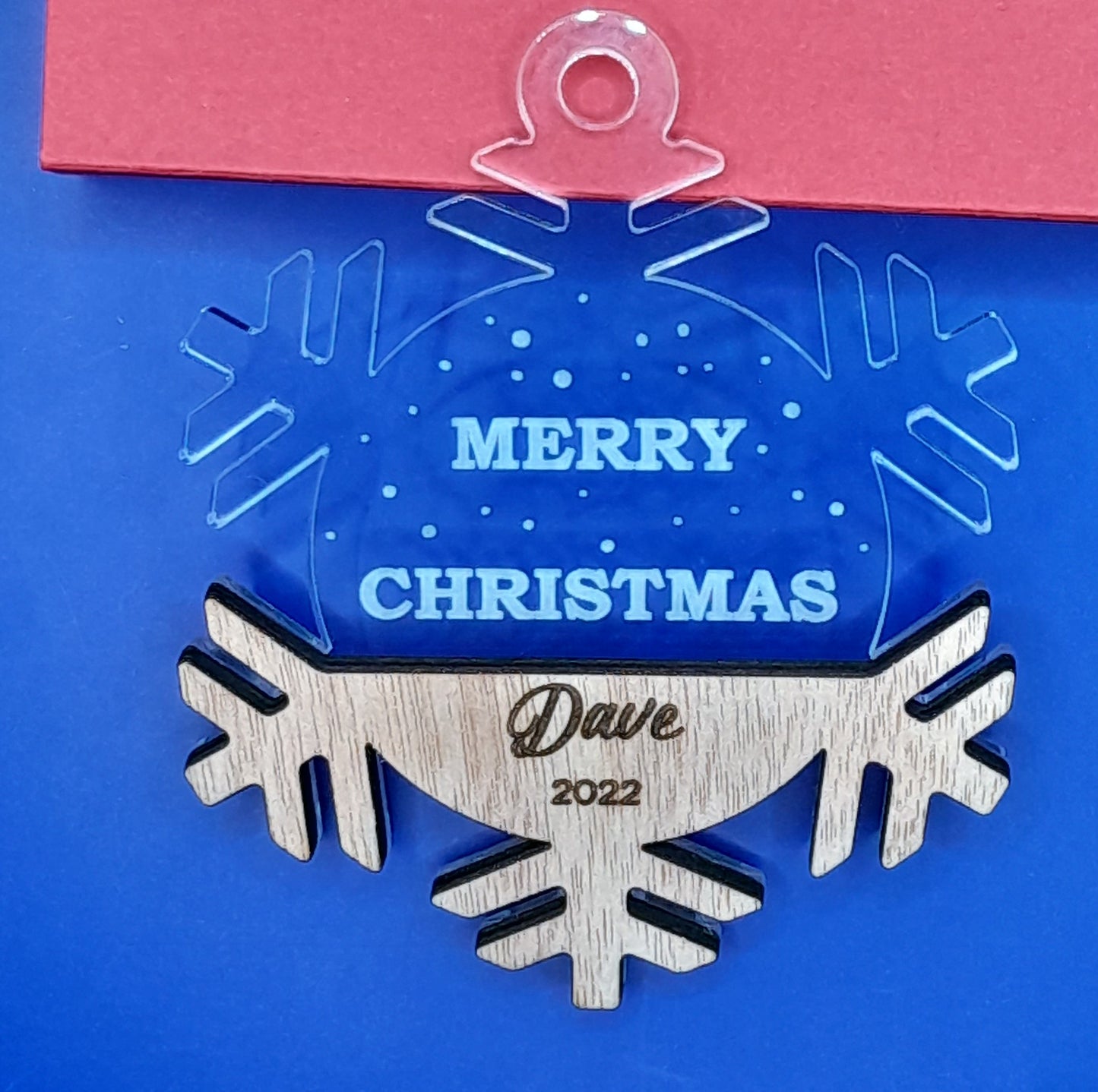 Clear acrylic and wood personalised snowflake decoration
