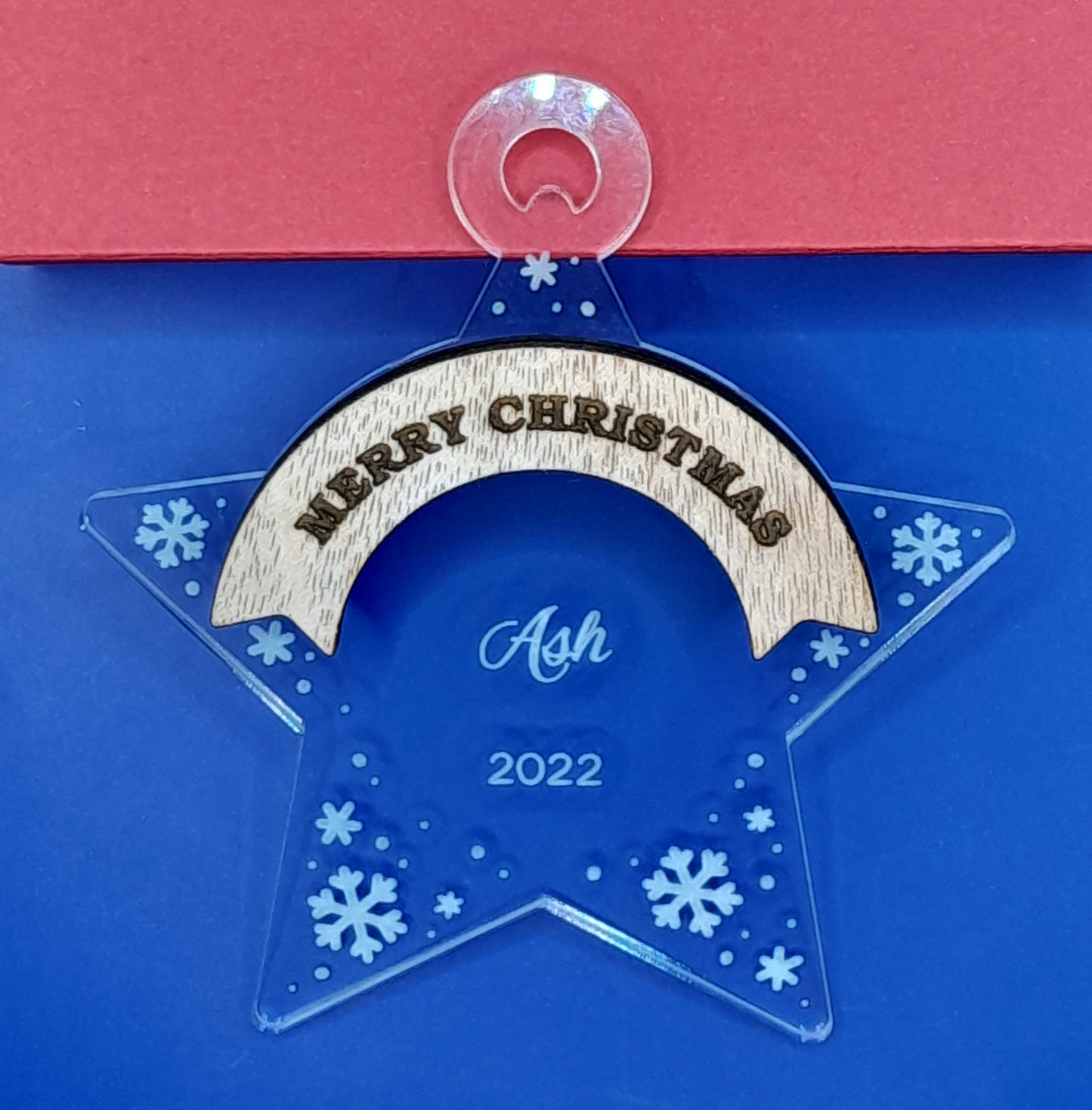 Clear acrylic and wood personalised star decoration