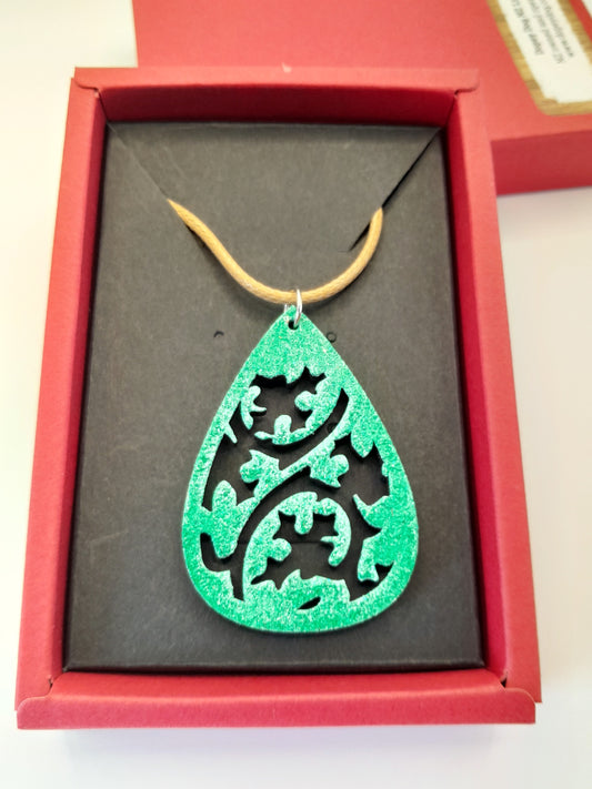 Wooden necklace with enamelled front - antiqued green