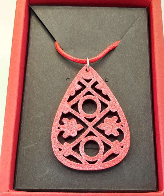 Wooden necklace with enamelled front - antiqued red