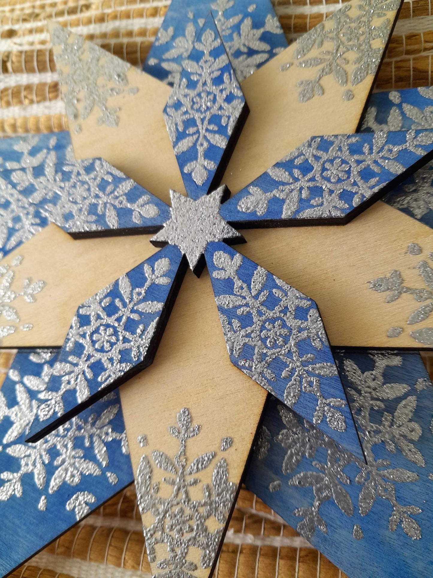 Large Handmade wooden star - blue, silver and natural wood