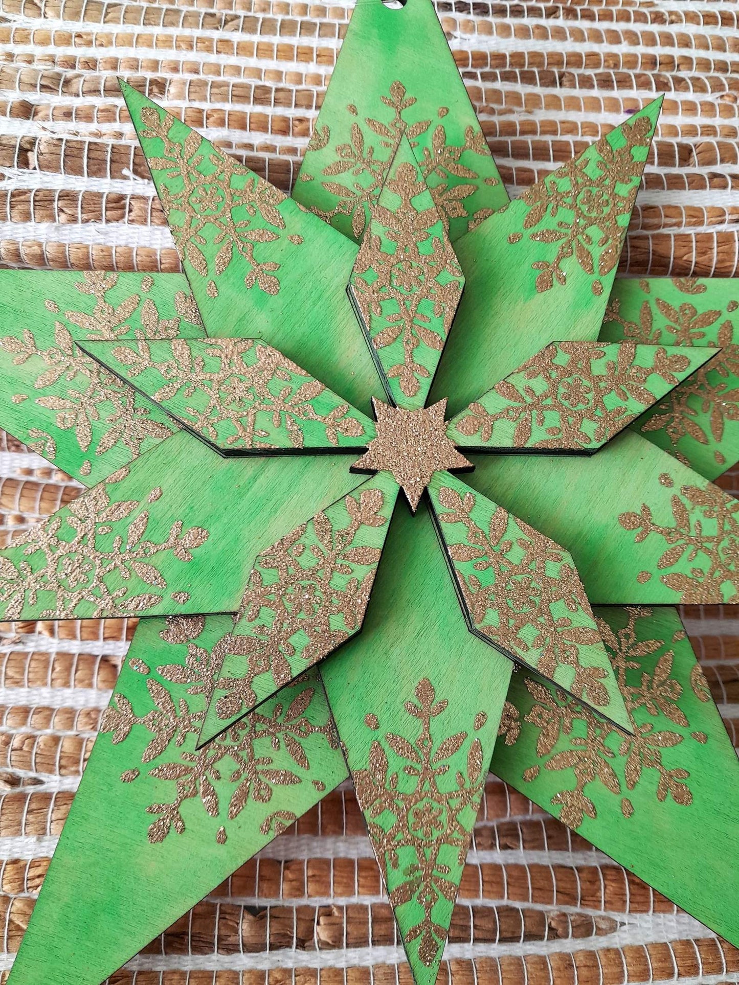 Large Handmade wooden star - green and gold