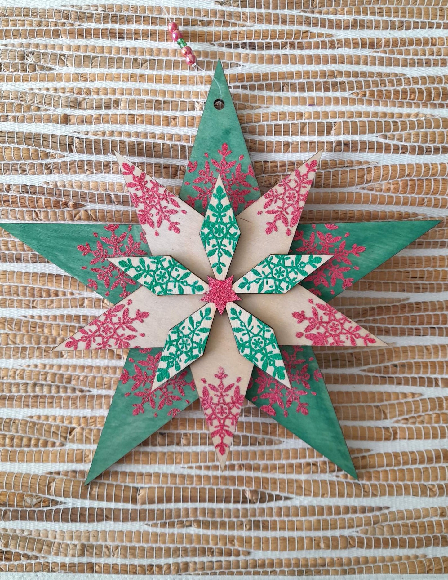 Large Handmade wooden star - green, red and natural wood