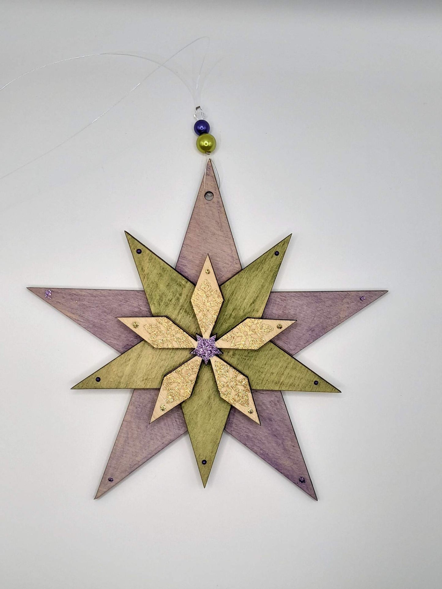 Hand made wooden star - purple and chartreuse