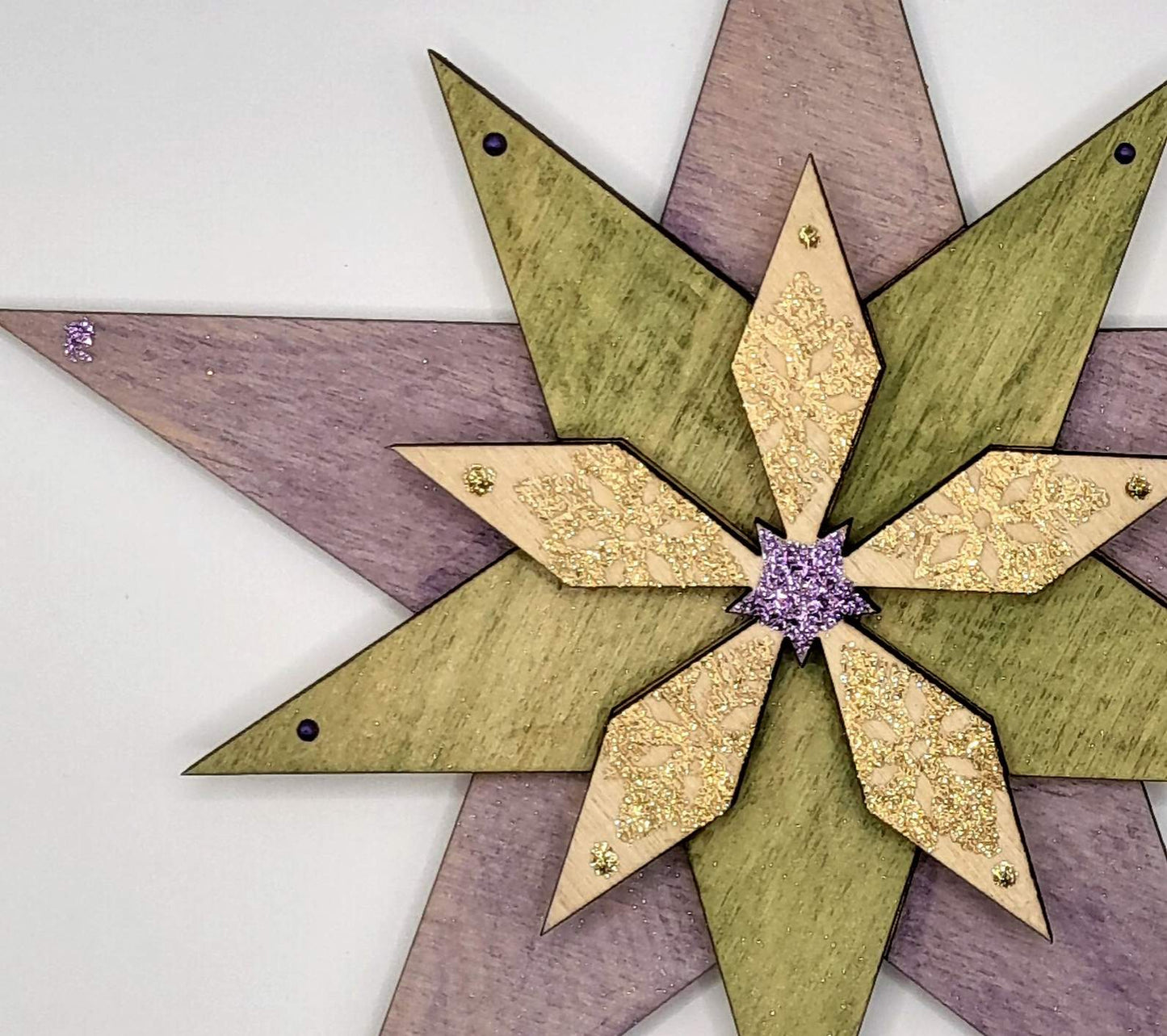 Hand made wooden star - purple and chartreuse
