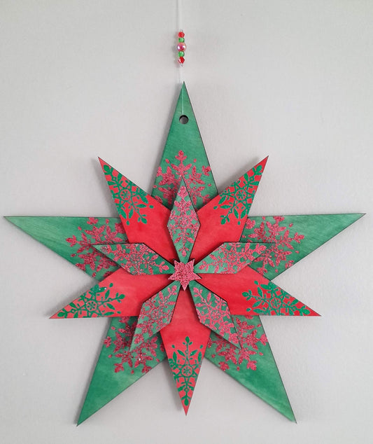 Large Hand made wooden star - red and green
