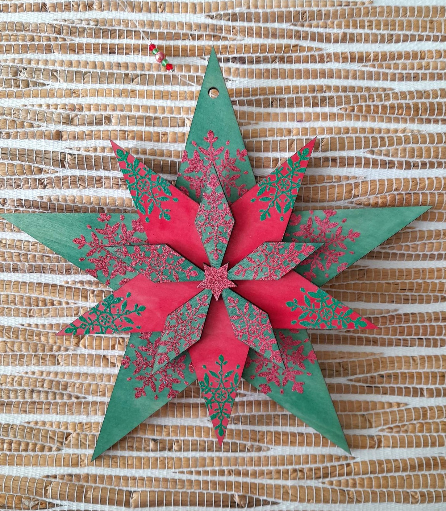 Large Hand made wooden star - red and green