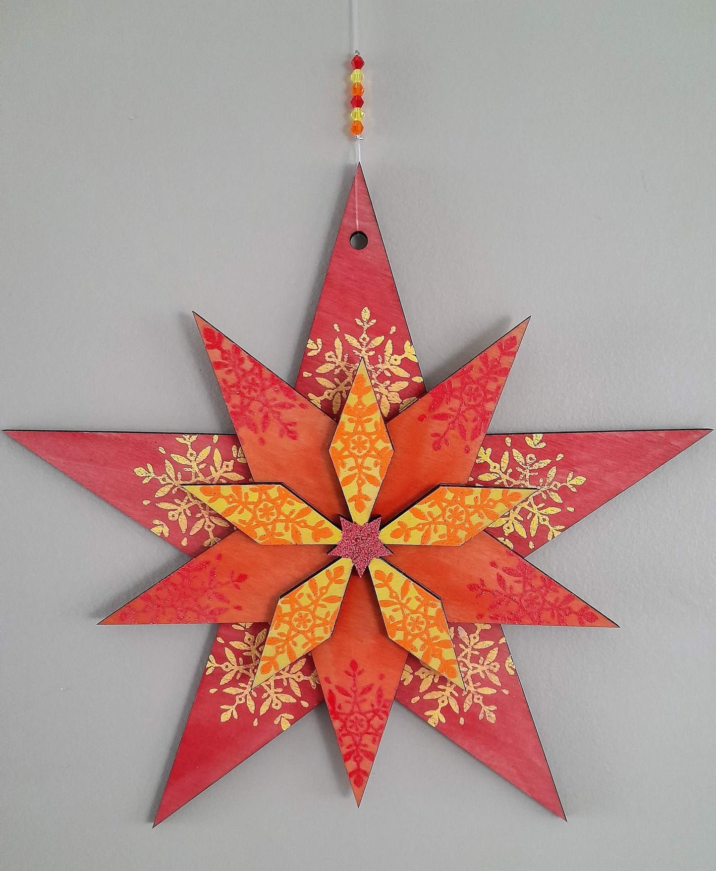 Large Handmade wooden star - red, orange and yellow