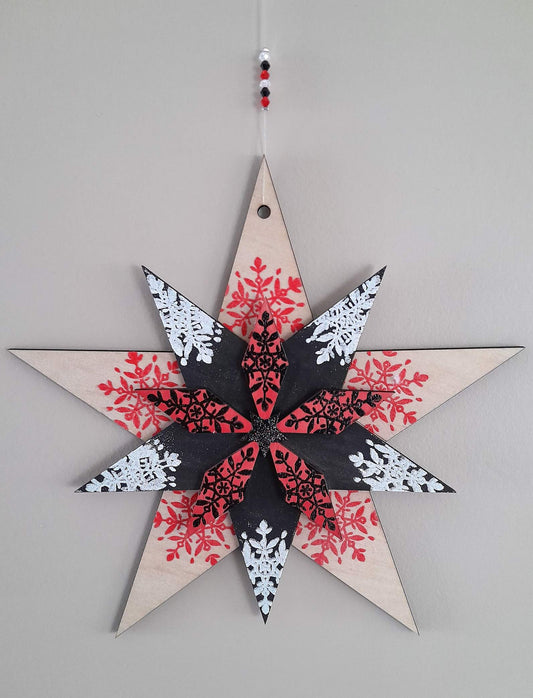Large Handmade wooden star -red, white, black and natural wood