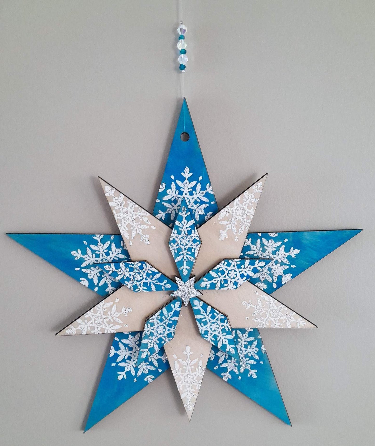 Large Hand made wooden star - tuquoise, white and natural wood