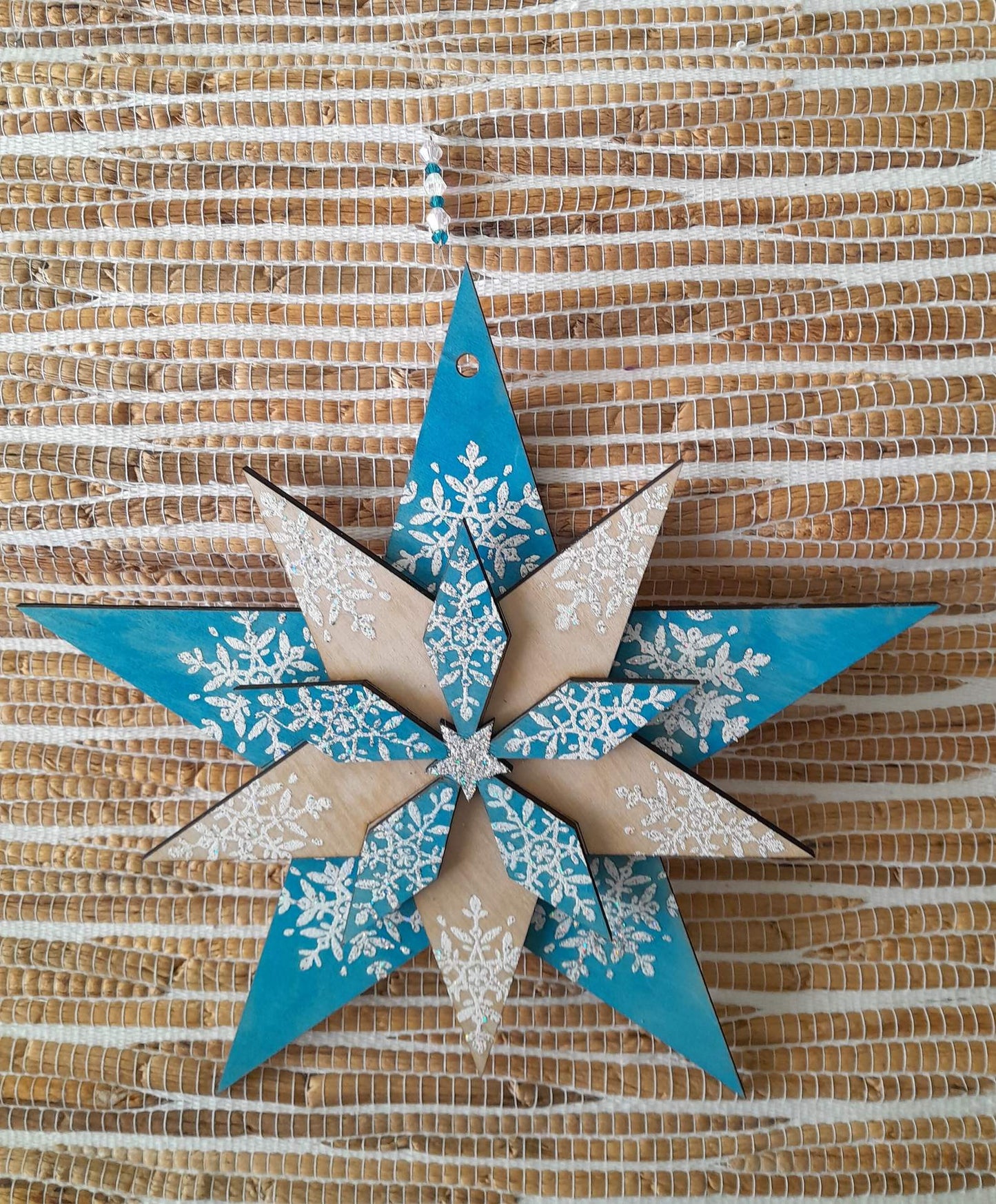 Large Hand made wooden star - tuquoise, white and natural wood